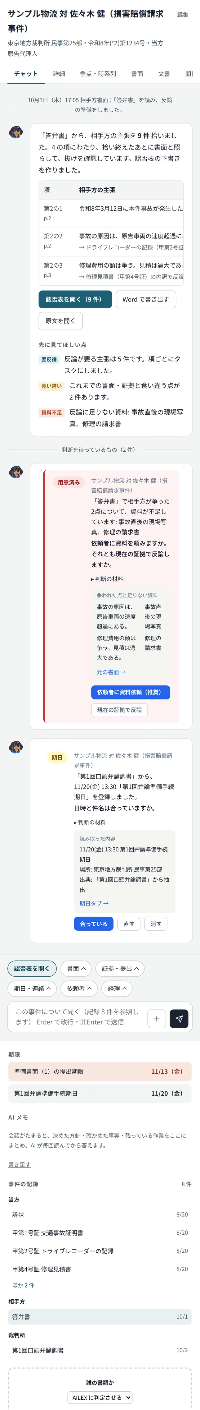 スマートフォンの幅で開いた AILEX v2 の事件の画面の見本。上から、事件名とタブ、相手方の答弁書から主張を 9 件拾って認否表の下書きを作ったという知らせ(項・相手方の主張・認否の案の表と、「認否表を開く」「Word で書き出す」のボタン)、「判断を待っているもの(2 件)」(足りない資料を依頼者に頼むかの確認と、裁判所の書面から登録した期日が合っているかの確認)、入力欄。続いて、期限、AI メモ、事件の記録