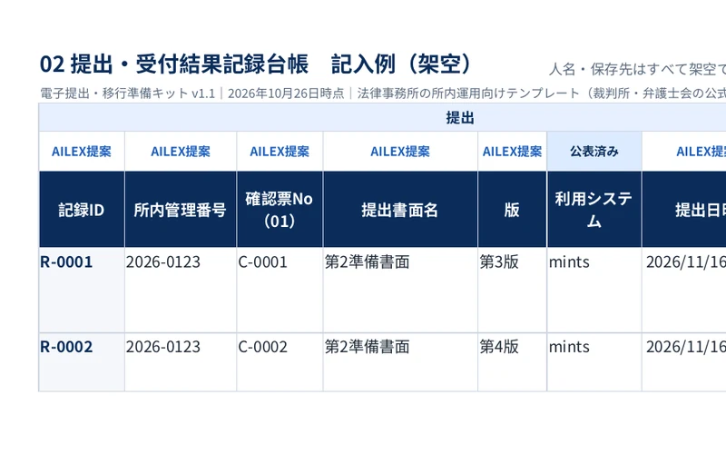 提出・受付結果記録台帳の見本（記入例は架空）